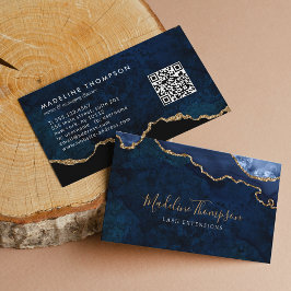 Tarjeta De Visita Elegante código QR Navy Marble azul agate Geode