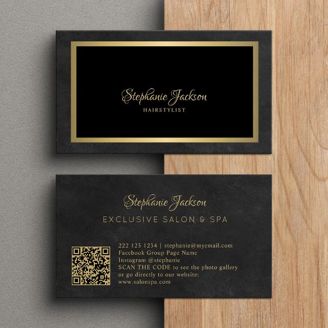Tarjeta De Visita Elegante código QR negro y dorado (Subido por el creador)