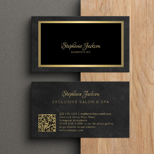 Tarjeta De Visita Elegante código QR negro y dorado