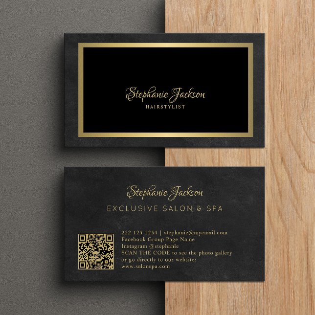 Tarjeta De Visita Elegante código QR negro y dorado (Subido por el creador)