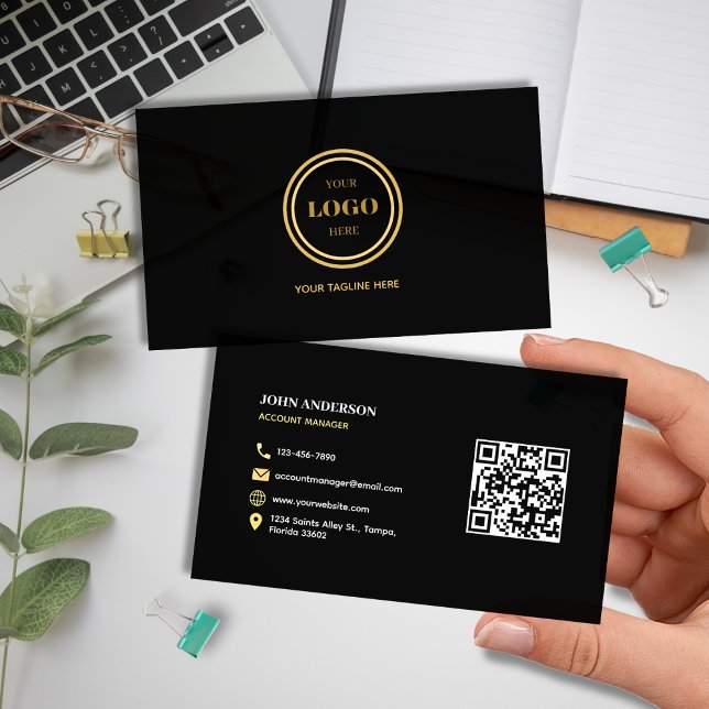 Tarjeta De Visita Elegante código QR negro y dorado profesional mode (Elegant Modern Black and Gold Scannable QR Code Professional Business Card Back-to-back Print & Logo)