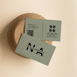 Tarjeta De Visita Elegante Código QR Neutral Verde Monograma Boho