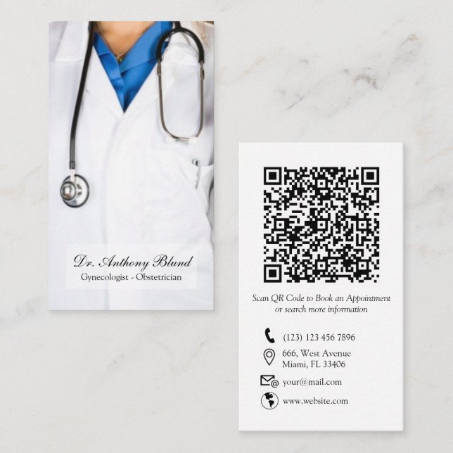 Tarjeta De Visita Elegante código QR OBGYN Obstetricista Gynecólogo  (Anverso / Reverso)