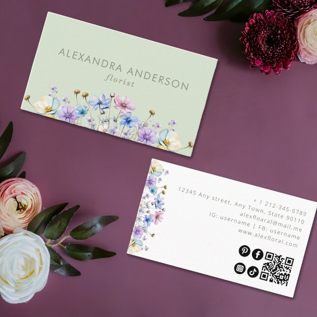 Tarjeta De Visita Elegante código QR para flores silvestres botánica (Subido por el creador)