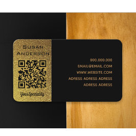 Tarjeta De Visita Elegante código QR personalizado negro y dorado