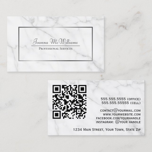 Tarjeta De Visita Elegante código QR profesional de mármol blanco y  (Anverso / Reverso)