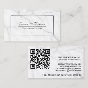 Tarjeta De Visita Elegante código QR profesional de mármol blanco y 