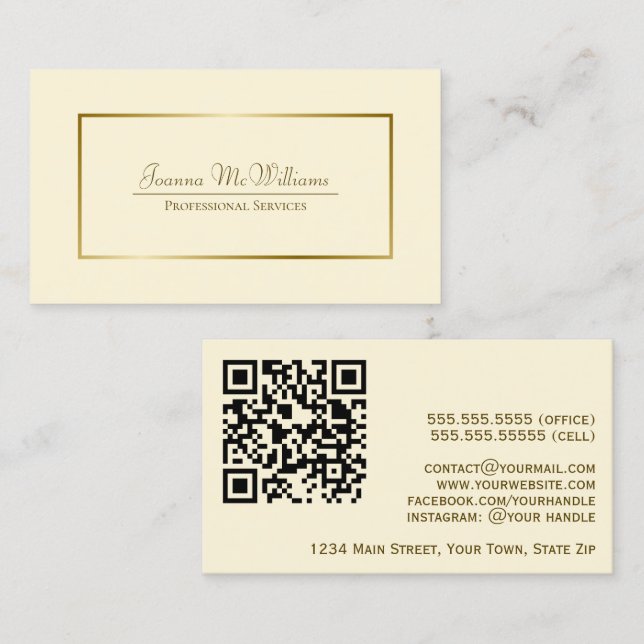 Tarjeta De Visita Elegante Código QR profesional de oro y crema (Anverso / Reverso)