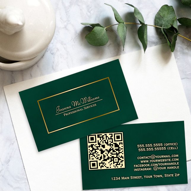 Tarjeta De Visita Elegante código QR profesional de verde esmeralda  (Front and Back)