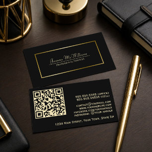 Tarjeta De Visita Elegante código QR profesional en negro y oro