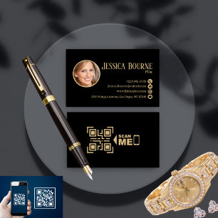 Tarjeta De Visita Elegante Código QR Profesional Foto Negro Oro