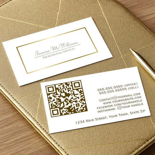 Tarjeta De Visita Elegante código QR profesional Gold & White (Front/Back)