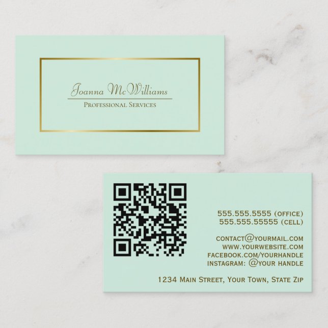 Tarjeta De Visita Elegante código QR profesional Mint Green y Gold (Anverso / Reverso)