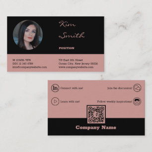 Tarjeta De Visita Elegante código QR profesional negro y rosa