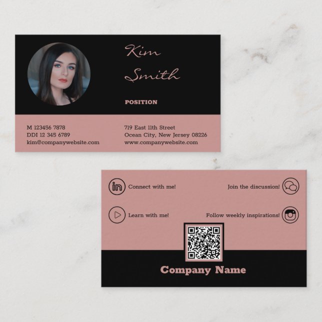Tarjeta De Visita Elegante código QR profesional negro y rosa (Anverso / Reverso)