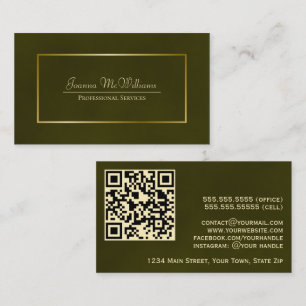 Tarjeta De Visita Elegante código QR profesional Olive Green & Gold