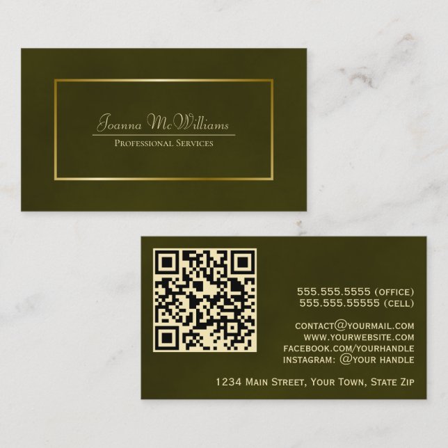Tarjeta De Visita Elegante código QR profesional Olive Green & Gold (Anverso / Reverso)