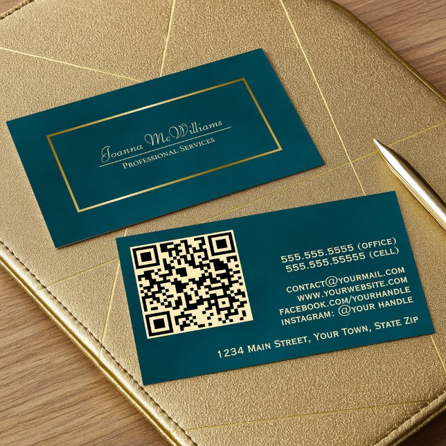 Tarjeta De Visita Elegante código QR profesional Verde azulado y dor (Front/Back)