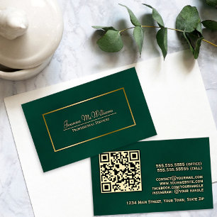 Tarjeta De Visita Elegante Código QR Profesional Verde Esmeralda y D