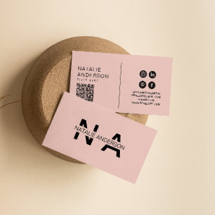 Tarjeta De Visita Elegante Código QR Rosa Monograma Boho Girly
