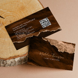 Tarjeta De Visita Elegante Código QR Rust Gold Marble Agate Geode