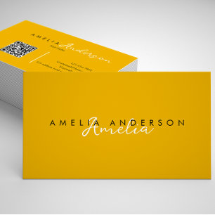 Tarjeta De Visita Elegante código QR simple guion mostaza amarillo