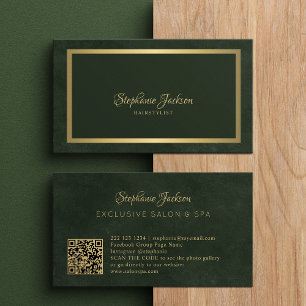 Tarjeta De Visita Elegante código QR verde esmeralda y dorado