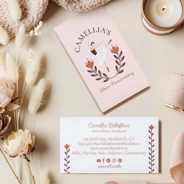 Tarjeta De Visita Elegante colegio de instructores de baile de balle (Elegant Floral Ballet Dance Instructor School Pink Business Card (Front & Back))