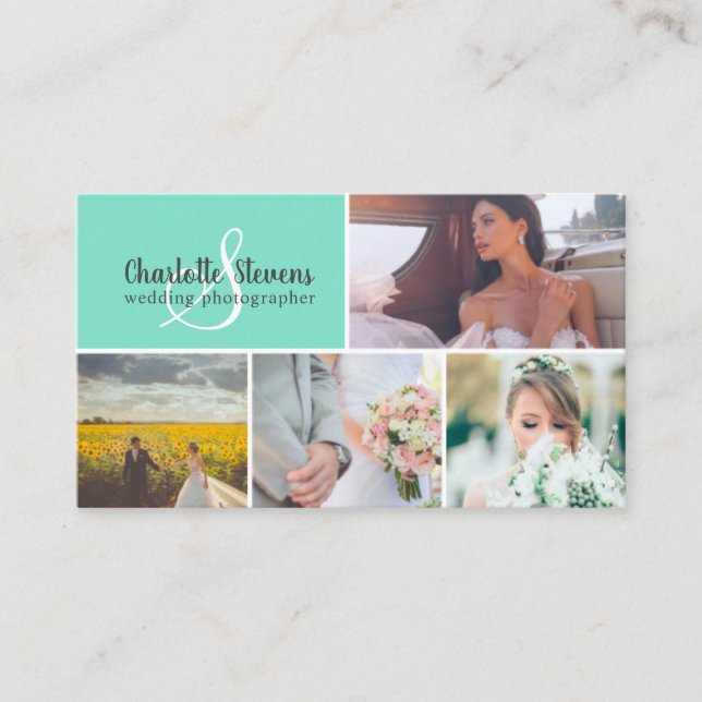 Tarjeta De Visita Elegante collage verde azulado de fotógrafos bodas (Anverso)