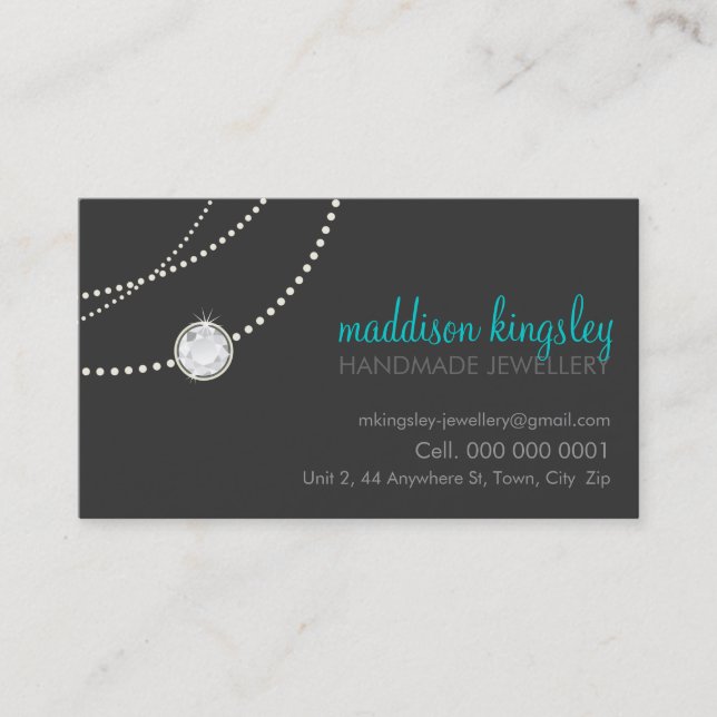 Tarjeta De Visita elegante collar solitaire gris aqua azul (Anverso)