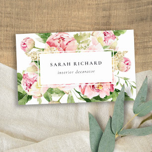Tarjeta De Visita Elegante color de agua verde rosa puro Peony Flora