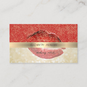 Tarjeta De Visita Elegante con Estilo, Rojo, Confeti Dorado, Labios,