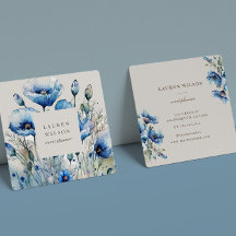 Tarjeta de visita elegante con flor de amapola azu