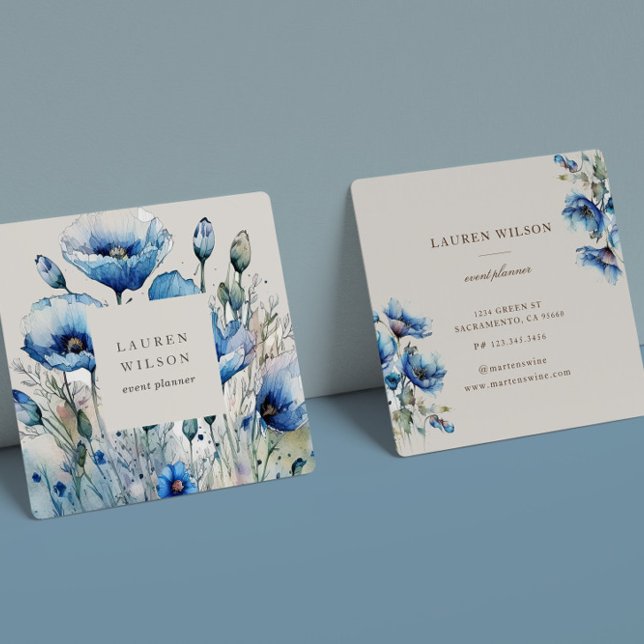 Tarjeta de visita elegante con flor de amapola azu (Subido por el creador)