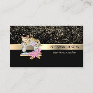 Tarjeta De Visita Elegante confeti de oro, máquina de coser gato