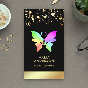 Tarjeta De Visita Elegante Confeti Negro Arcoíris Mariposa Dorada Ch