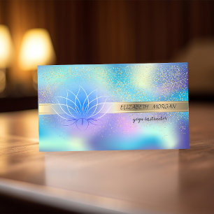 Tarjeta De Visita Elegante Confetti de oro, Lotus, Holográfico Azul