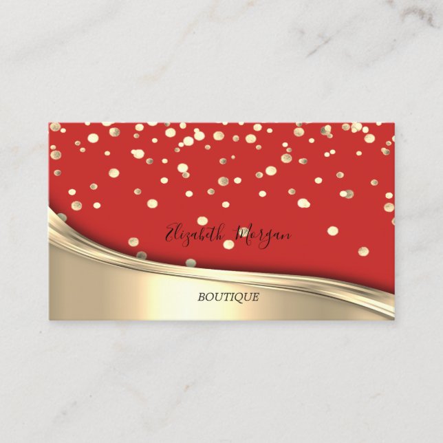 Tarjeta De Visita Elegante Confetti de Oro Rojo (Anverso)