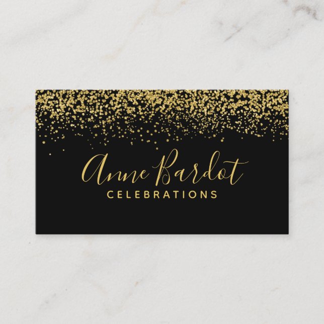 Tarjeta De Visita Elegante Confetti Gold y profesional negro (Anverso)