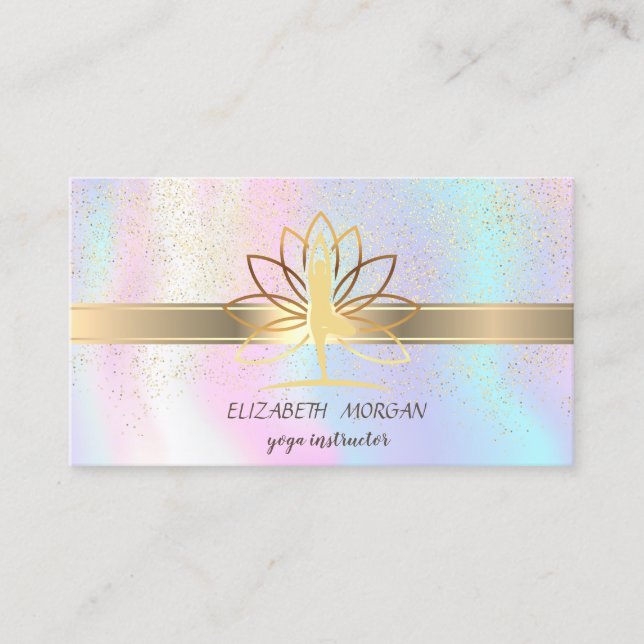 Tarjeta De Visita Elegante Confetti, Lotus, Yoga Holográfico (Anverso)
