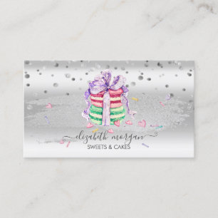 Tarjeta De Visita Elegante Confetti Plata, Brocha De Cepillo, Macaro