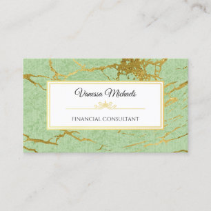 Tarjeta De Visita Elegante contable suave verde y falso oro de mármo