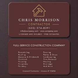 Tarjeta De Visita Elegante contratista de construcción en oro y burd