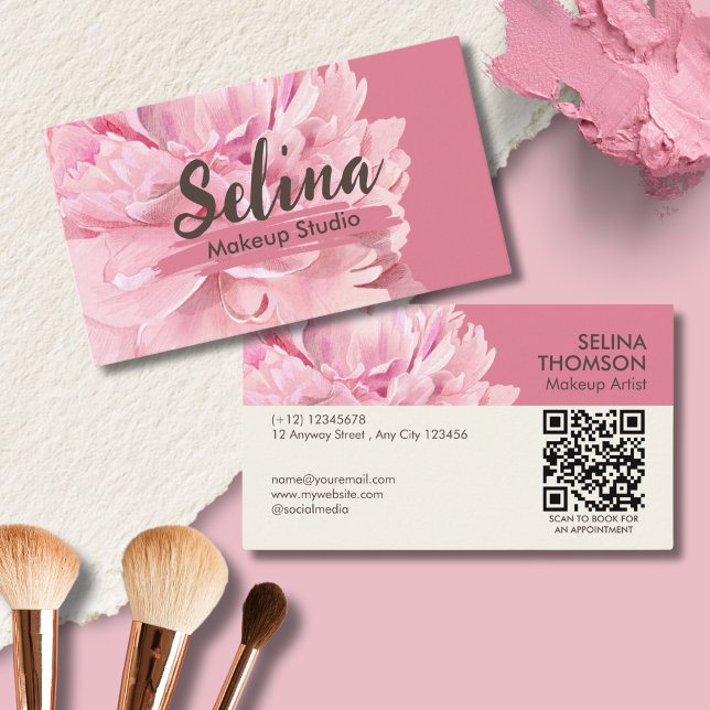 Tarjeta De Visita Elegante Cream Rubor Pink Floral Makeup Studio (Subido por el creador)