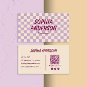 Tarjeta De Visita Elegante Crema y Purple Checkered - Código Qr
