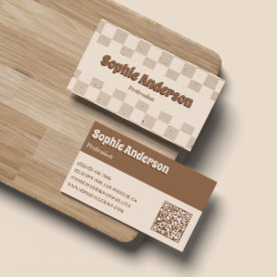 Tarjeta De Visita Elegante Cuadro de Beige y Marrón con Código QR