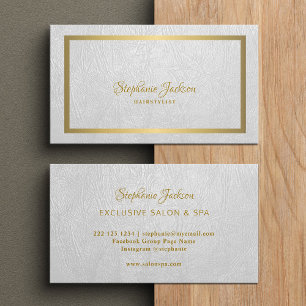 Tarjeta De Visita Elegante cuero blanco marco dorado profesional