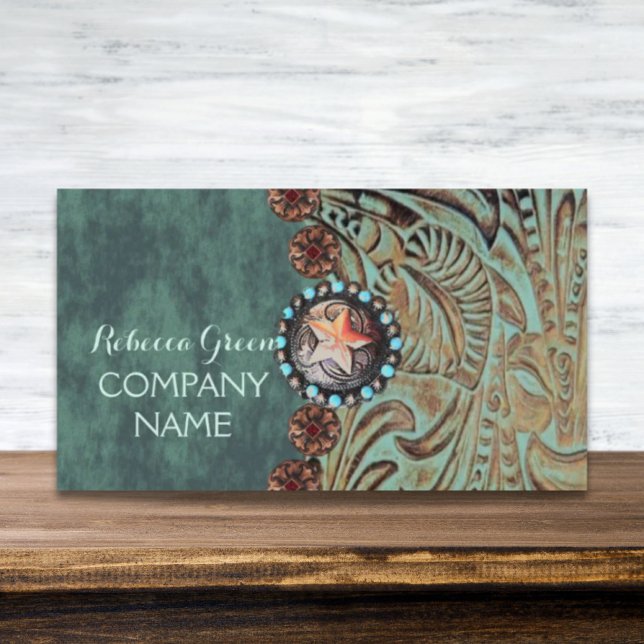 Tarjeta De Visita elegante cuero de campo verde azulado de occidente (elegant teal western country tooled leather business card)