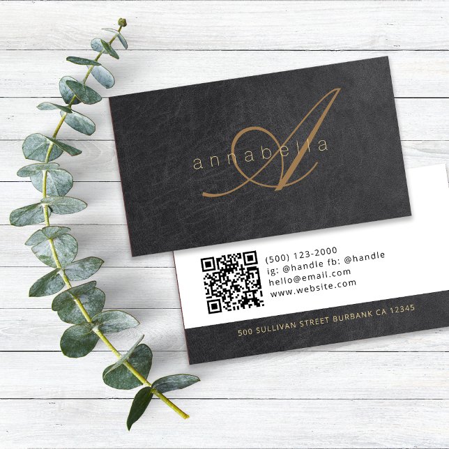 Tarjeta De Visita Elegante cuero lujoso monogramado de oro negro (Subido por el creador)