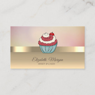 Tarjeta De Visita Elegante Cupcake Chic Moderno Dorado Cereza